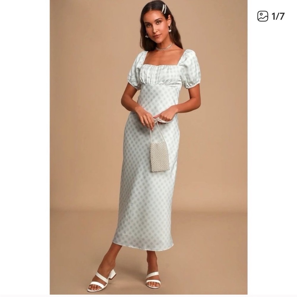 WAYF Sacha Blue Gingham Puff Sleeve Midi Dress
